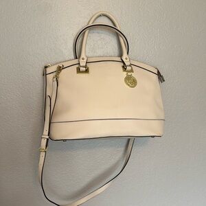 Anne Klein Cream Leather Dome Satchel with Gold Hardware
